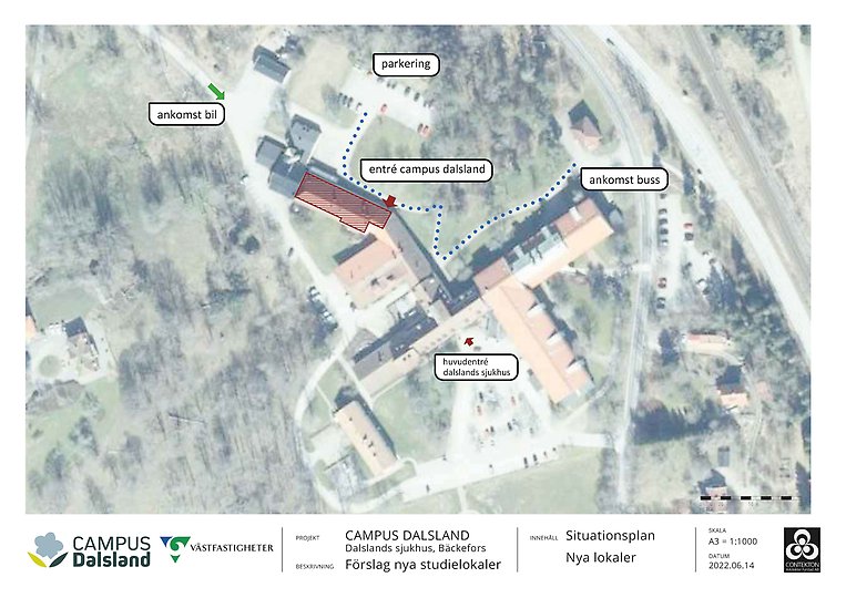 Placeringen av Campus Dalslands lokaler syns markerade i rött på kartbilden.